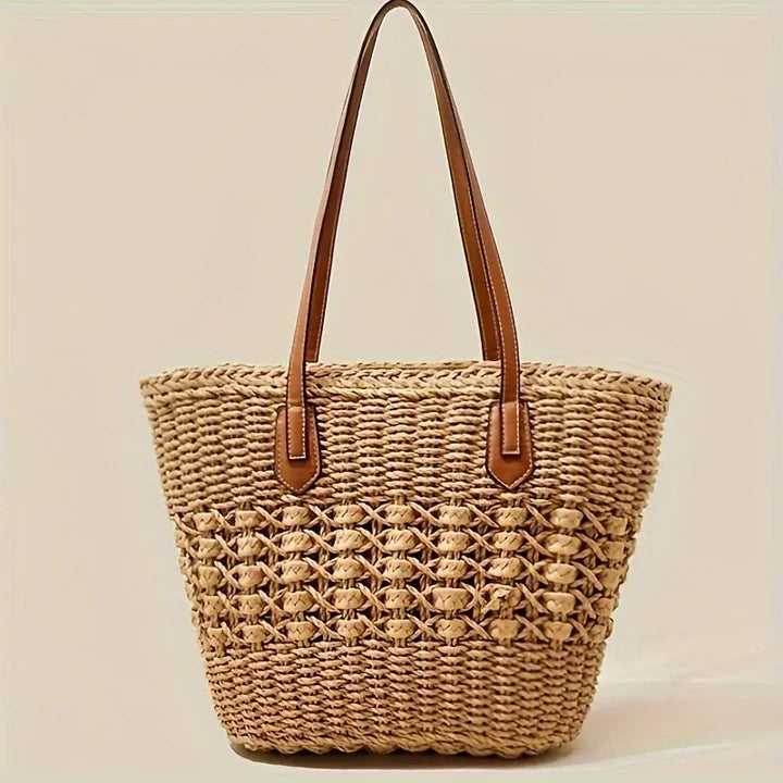 Woven Leather Straw Tote Bag