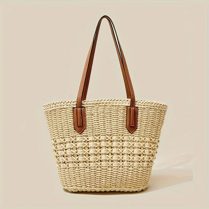 Woven Leather Straw Tote Bag