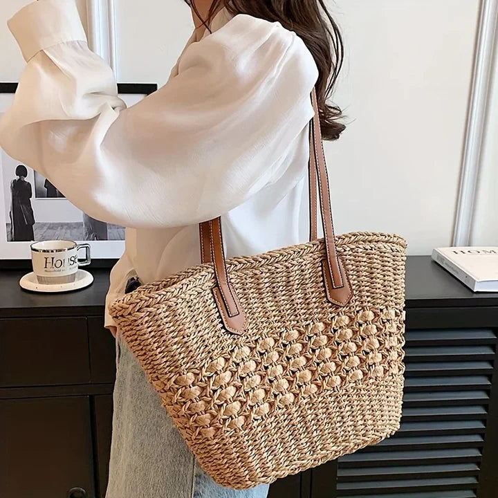 Woven Leather Straw Tote Bag