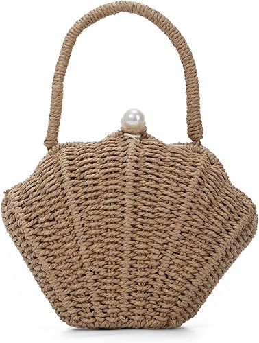 Women Straw Woven Handbag Shell Shape Clutch Straw Summer Bag Rattan Crossbody Bags Vacation Beach Purse