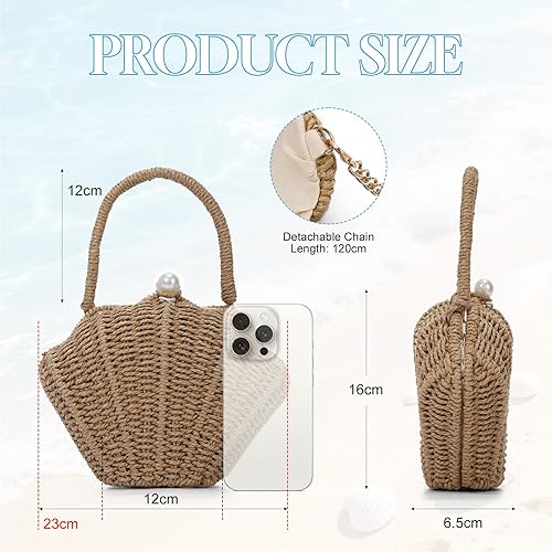 Women Straw Woven Handbag Shell Shape Clutch Straw Summer Bag Rattan Crossbody Bags Vacation Beach Purse